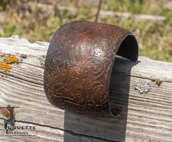 Hand hammered and forged etched domed unisex Copper Cuff Bracelet