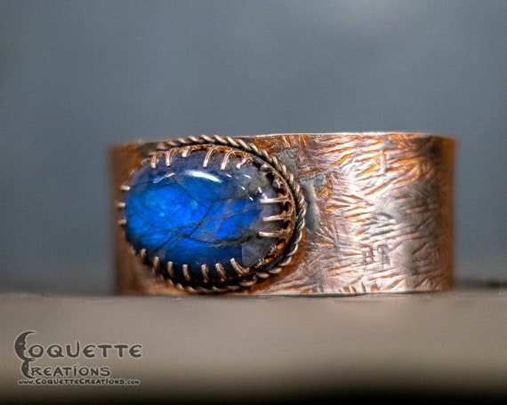 Original One-of-a-kind Handmade .999 Fine Silver Hand Hammered & Textured Cuff Bracelet with Blue Labradorite Stone