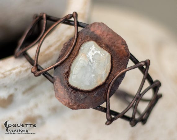 Hand Forged Chalcedony and Copper Bracelet