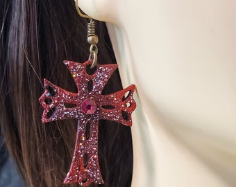 Laser Cut Latin Cross Wood Earrings with Crimson Red Crystal Centerpiece, lightweight Latin Cross Earrings, hand made wooden earrings