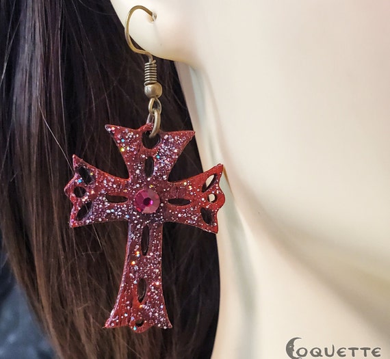 Laser Cut Latin Cross Wood Earrings with Crimson Red Crystal Centerpiece, lightweight Latin Cross Earrings, hand made wooden earrings