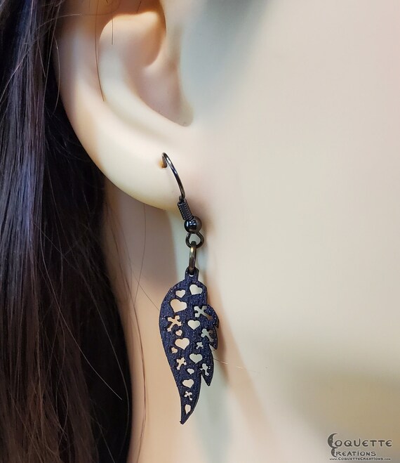 Laser Cut Dark Plum Angel Wing Wood Earrings, lightweight Angel Wing Earrings, hand made wooden earrings