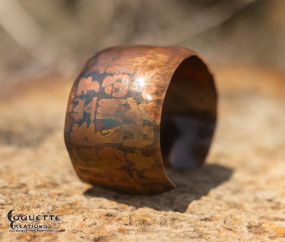 Hand hammered and forged etched domed unisex Copper Cuff Bracelet