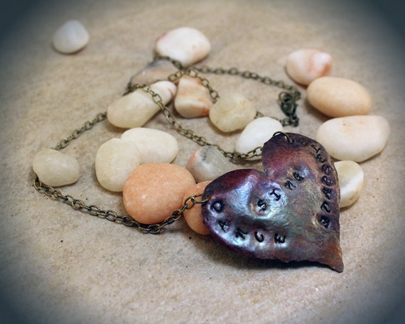 Hand Forged Copper Heart Necklace Pendant with phrase 'Dance Sing Celebrate'