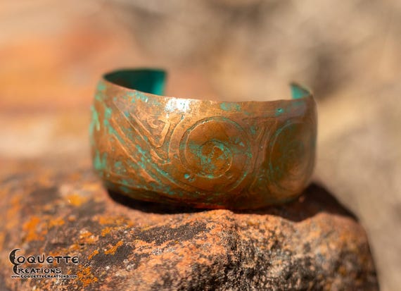 Hand hammered and forged etched domed unisex Copper Cuff Bracelet