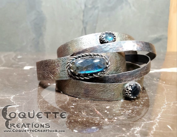 Original One-of-a-kind Handmade set of Five .999 Fine Silver Hand Hammered & Textured Narrow Cuff Bracelets with Blue Labradorite Stones