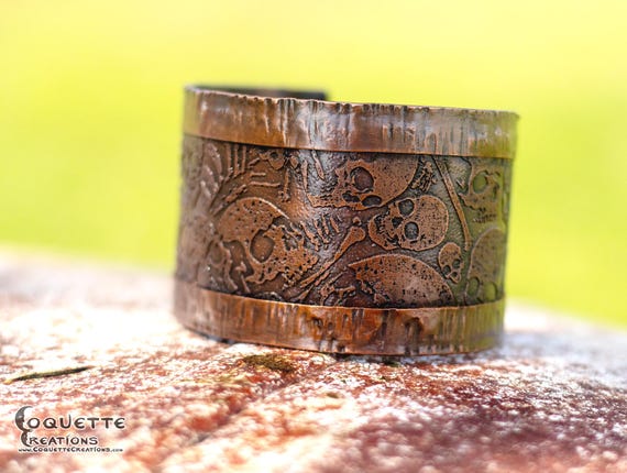 Hand hammered and forged etched unisex Copper Cuff Bracelet