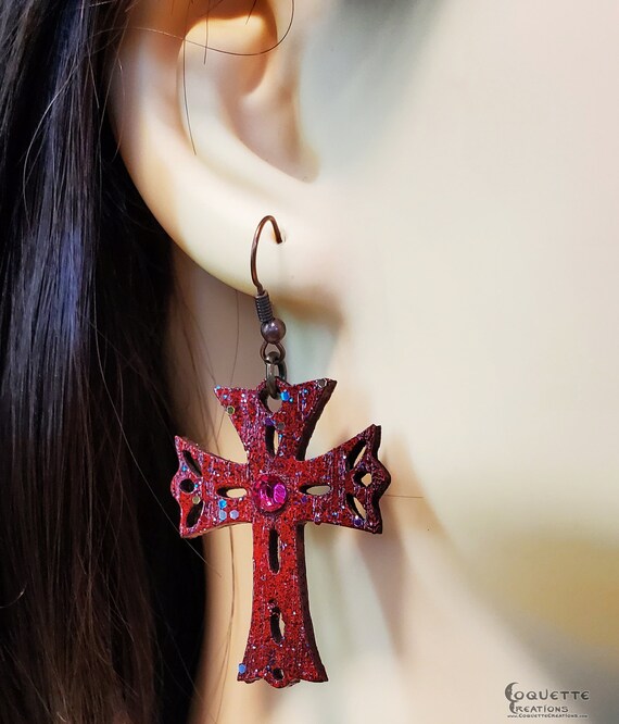 Laser Cut Crimson Red Latin Cross Wood Earrings with Red Crystal Centerpiece, lightweight Latin Cross Earrings, hand made wooden earrings
