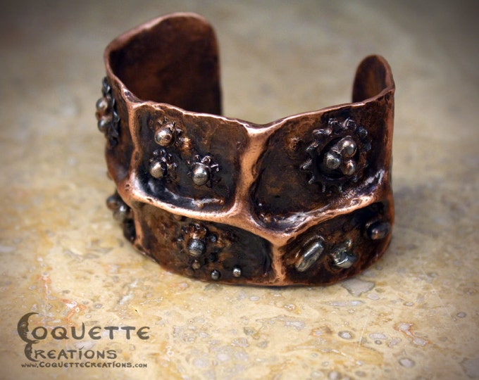 Aged Hammered Copper Steampunk Cuff Bracelet