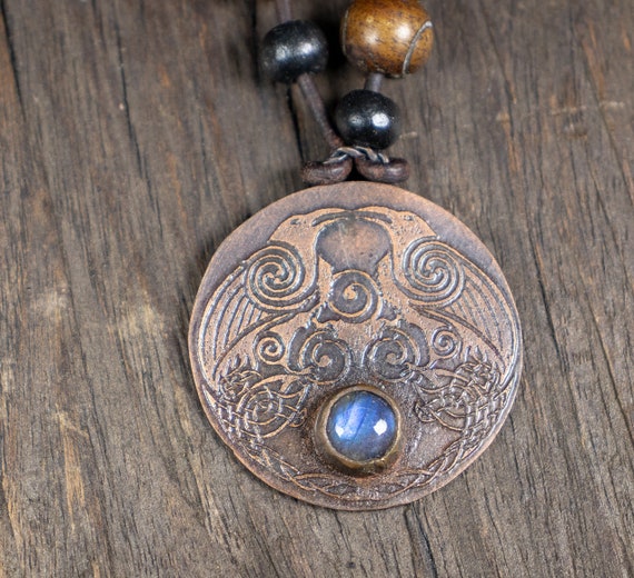 Celtic Raven Knotwork Blue Labradorite Hammered Copper Necklace Pendant