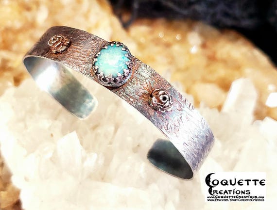 Original One-of-a-kind Handmade .999 Fine Silver Hand Hammered & Textured Bracelet with Genuine Opal