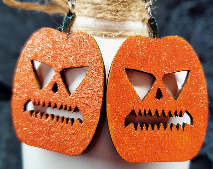 Hand Made Laser Cut Baltic Birch Wood Spooky Halloween Jack-o-lantern Earrings