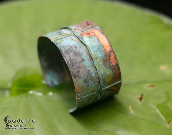 Hand hammered copper cuff bracelet finished with an ancient green patina