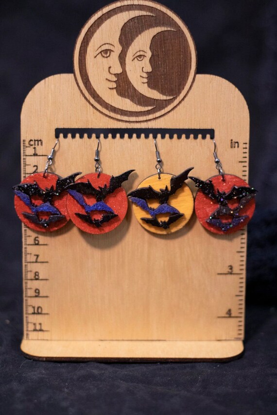 Hand Made Laser Cut Baltic Birch Wood Spooky Halloween Bat Earrings
