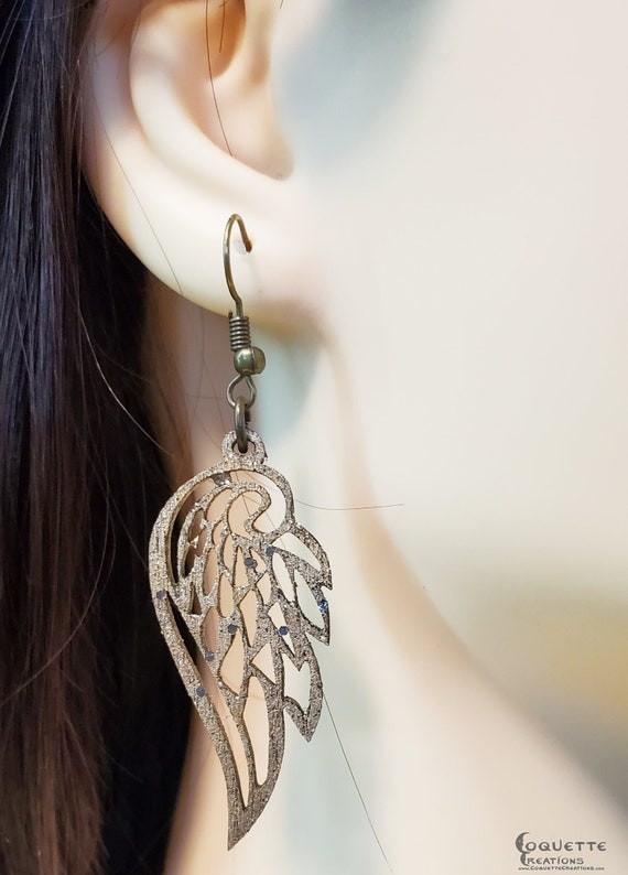Laser Cut Gold Angel Wing Wood Earrings, lightweight Angel Wing Earrings, hand made wooden earrings