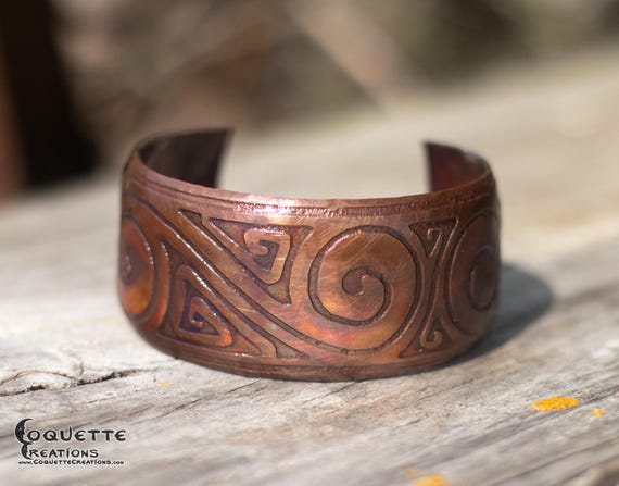 Hand hammered and forged etched domed unisex Copper Cuff Bracelet