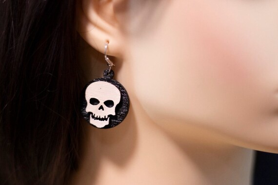 Hand Made Laser Cut Baltic Birch Wood Spooky Halloween Skull Earrings