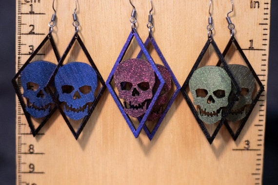 Hand Made Laser Cut Baltic Birch Wood Halloween Spooky Skull Earrings