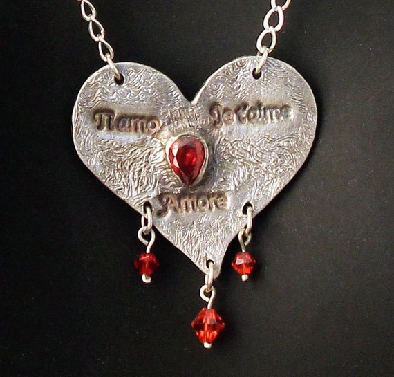 Ti amo .999 Fine Silver & Crimson Red Cubic Zirconia Necklace Pendant