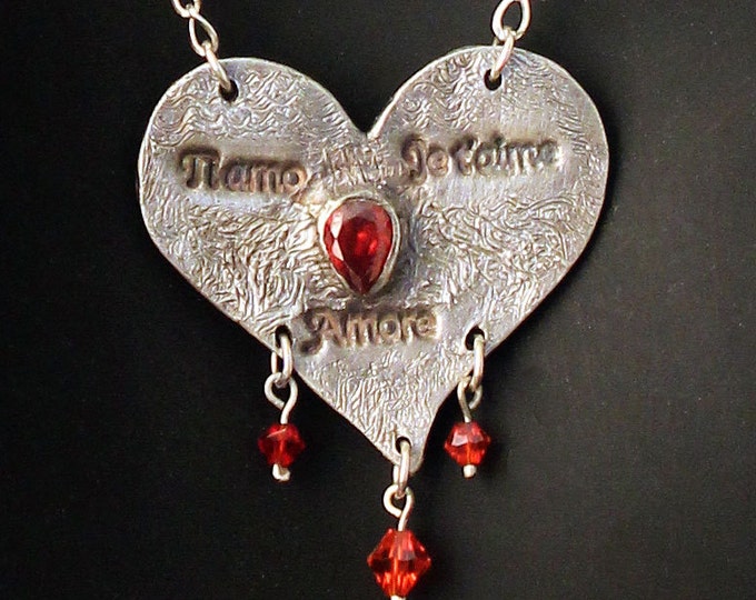 Ti amo .999 Fine Silver & Crimson Red Cubic Zirconia Necklace Pendant