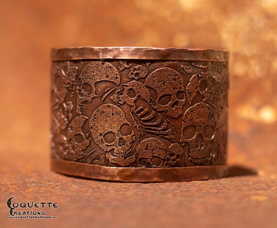 Hand hammered and forged etched unisex Copper Cuff Bracelet