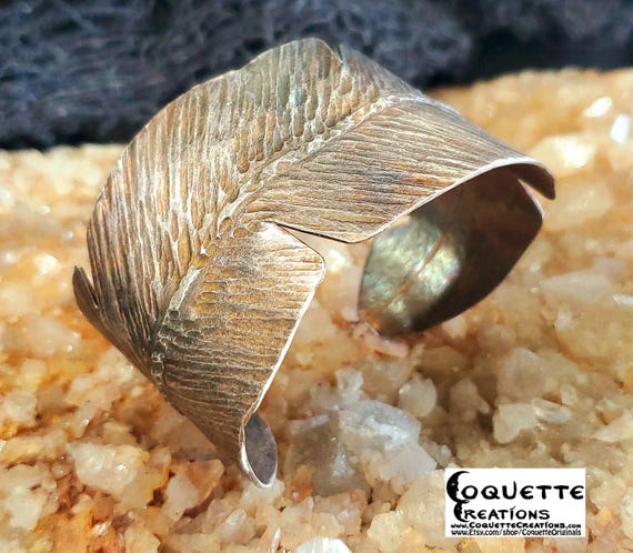 Hand hammered and fired fold formed fine silver 'Feather' Cuff Bracelet