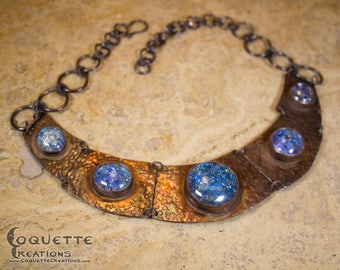 Blue Distressed Glass Quintuple Copper Necklace