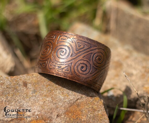 Hand hammered and forged etched domed unisex Copper Cuff Bracelet