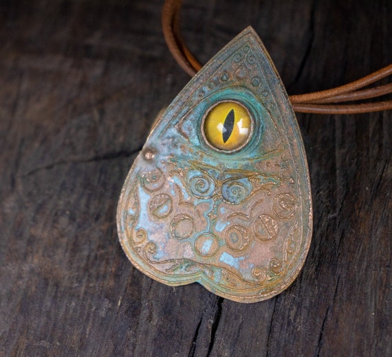 Ouija Board Planchette Dragon Eye Hammered Copper Necklace Pendant
