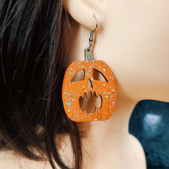 Hand Made Laser Cut Baltic Birch Wood Spooky Halloween Jack-o-lantern Earrings