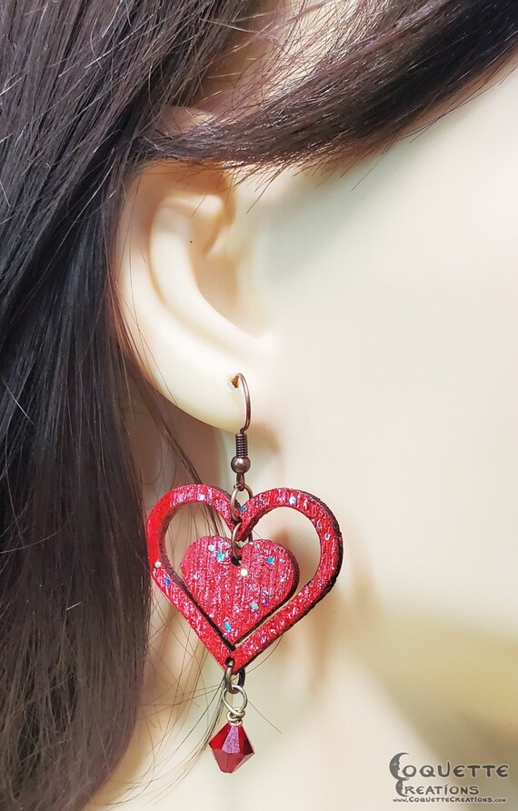 Laser Cut Double Heart Wood Earrings with Dangling Red Crystal, lightweight Double Heart Earrings, hand made wooden earrings