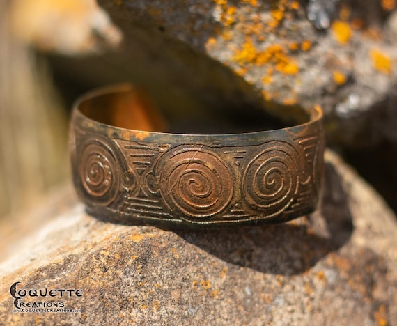 Hand hammered and forged etched domed unisex Copper Cuff Bracelet