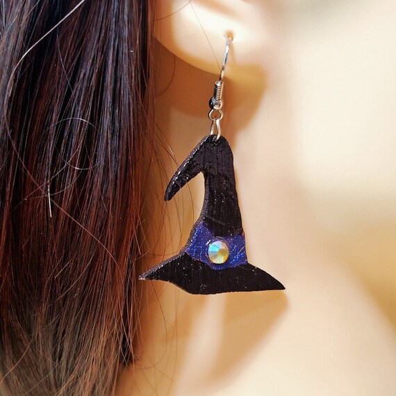 Hand Made Laser Cut Baltic Birch Wood Spooky Halloween Witch Hat Earrings