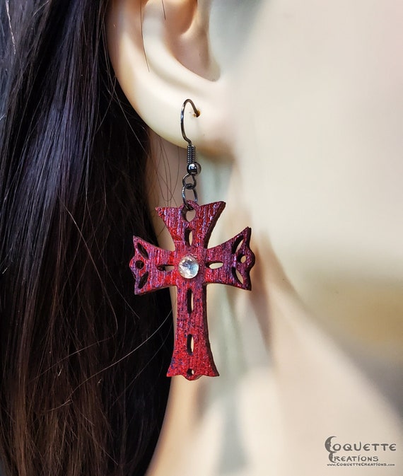 Laser Cut Crimson Red Latin Cross Wood Earrings with Gold Crystal Centerpiece, lightweight Latin Cross Earrings, hand made wooden earrings