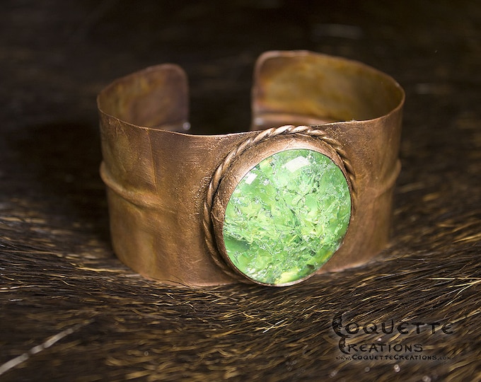 Hammered Copper Green Glass Cuff Bracelet
