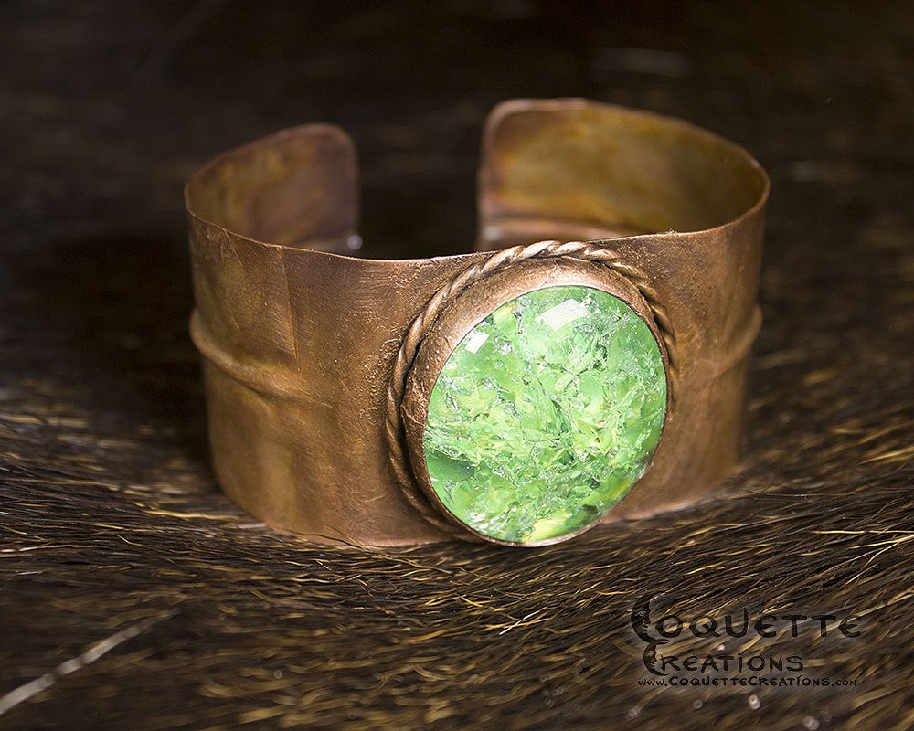 Brass Patina Bracelet – Moons and Diamonds on Green | Anju Jewelry