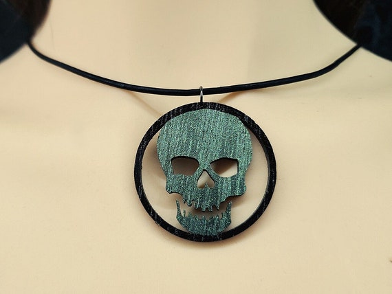 Hand Made Laser Cut Baltic Birch Wood Spooky Halloween Skull Pendant Necklace