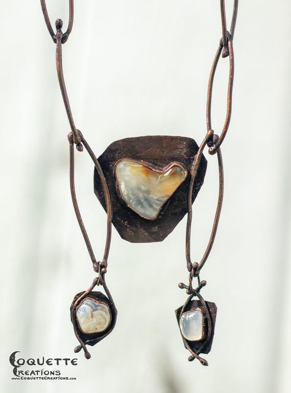 Hand Forged Copper and Chalcedony Pendant with Wood Bead on a copper chain