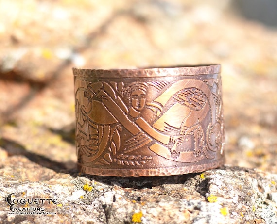 Hand hammered and forged etched unisex Copper Cuff Bracelet