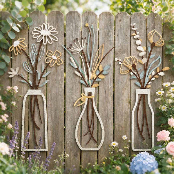 3Pcs White Metal Floral Yard Art, Outdoor Garden Fence Wall Hanging Decor, Weatherproof Patio Accent, Country Housewarming Gift