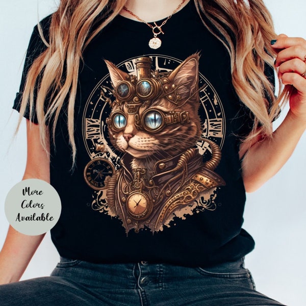 Steampunk Cat T Shirt, Victorian Clockwork Gears Sci-Fi Industrial Shirt, Cat Lover Shirt, Unique Gift