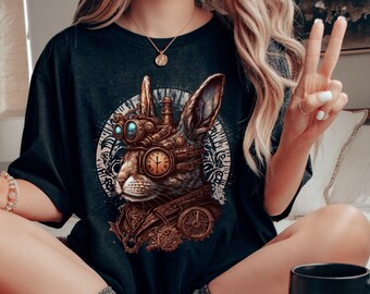 Steampunk Rabbit T Shirt, Victorian Clockwork Gears Sci-Fi Industrial Shirt, Gothic Mechanical Hare Crewneck Bella & Canvas Tees