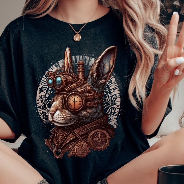 Steampunk Kaninchen T-Shirt, viktorianisches Uhrwerk Sci-Fi Industrial Shirt, Gothic mechanische Hase Crewneck Bella & Canvas Tees