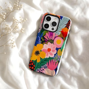Dopamine Vibrant Abstract Floral Phone Case、大胆な色のトロピカルフラワーアートプリント、iPhone 17 16 15 14 13 12 11 Pro、Samsung S26 S25、Magsafe対応