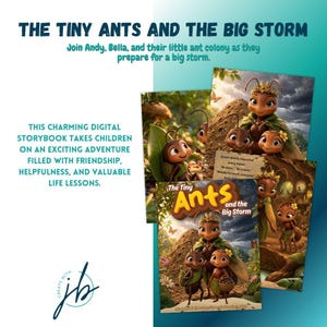 May include: A digital storybook titled The Tiny Ants and the Big Storm featuring illustrations of cartoon ants. The text reads: The Tiny Ants and the Big Storm, Join Andy, Bella, and their little ant colony as they prepare for a big storm. This charming digital storybook takes children on an exciting adventure filled with friendship, helpfulness, and valuable life lessons.