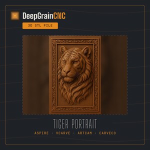 May include: A 3D STL file digital product titled Tiger Portrait by DeepGrainCNC. The image displays a rectangular wooden panel featuring a relief carving of a tiger head centred within an ornate, decorative frame with intricate scrollwork.