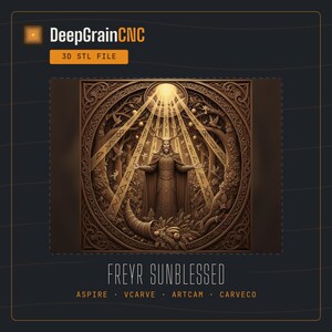 May include: A 3D STL file digital design titled DeepGrainCNC Freyr Sunblessed for Aspire, VCarve, Artcam, and Carveco. The artwork features a central figure with antlers standing in a forest, surrounded by a circular frame with runes and light rays.