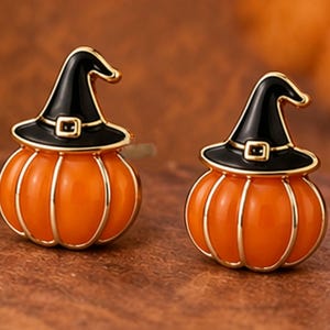 Halloween Pumpkin Stud Earrings, Witch Hat Earrings, Tiny Earrings, Minimalist Jewelry,