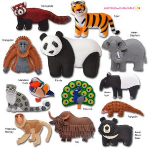 May include: A collection of felt animal figures including a red panda, tiger, orangutan, panda, Asian elephant, snow leopard, mandarin duck, peacock, Asian tapir, pangolin, proboscis monkey, yak, and Asian black bear, labelled LADYBUGONCHAMOMILE.