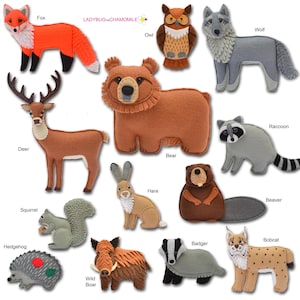 May include: A collection of felt animal ornaments including a fox, owl, wolf, deer, bear, raccoon, squirrel, hare, beaver, hedgehog, wild boar, badger, and bobcat. The text LADYBUGONCHAMOMILE is visible at the top center of the image.